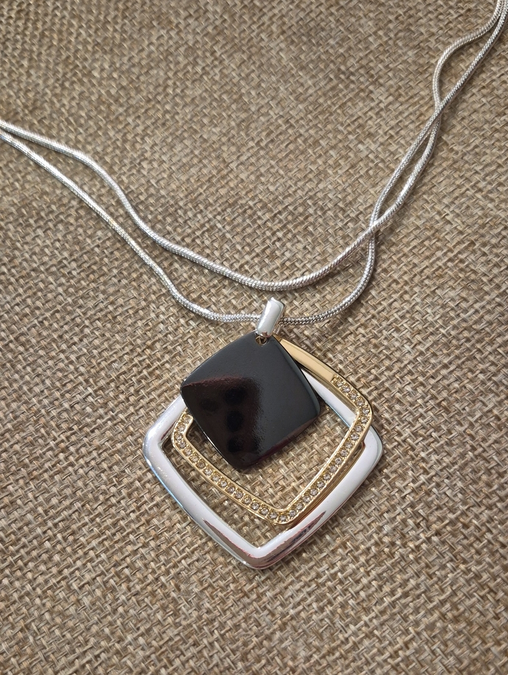 Silver & Gold Geometric Pendant Necklace with Black Accent